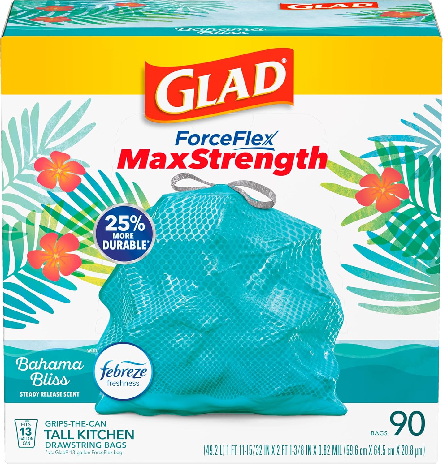 Glad Trash Bags, Tall Kitchen Garbage Bags ForceFlexPlus with Clorox, 13 Gallon, Eucalyptus and Peppermint, 90 Count (Package May Vary)