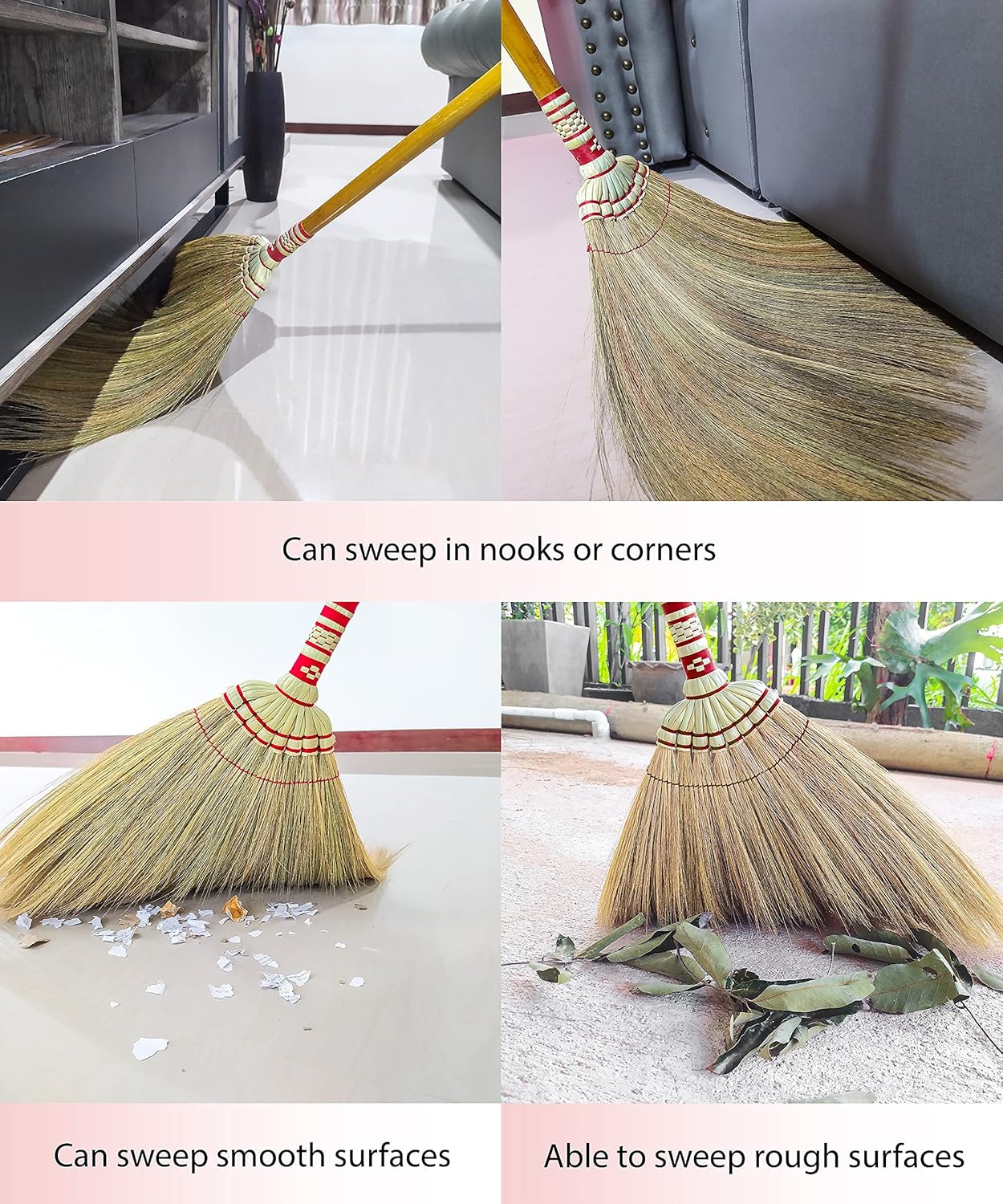 Indoor Grass Broom 40 Inch with Bamboo Handled Brooms for Floor Cleaning, Smooth & Hard Floor - Sweeping Tool Unique Handmade Craft Broom Design for Home, Kitchen, Office, Courtyard, Tiled Floor